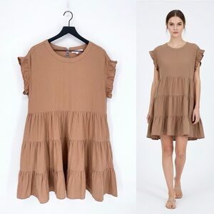 Adyson Parker Linen Tiered Babydoll Dress Minimalist Dusty Pink Large